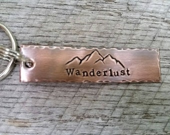 Wanderlust Keychain - Gift for Traveler - Copper Key Chain - The Mountains are Calling