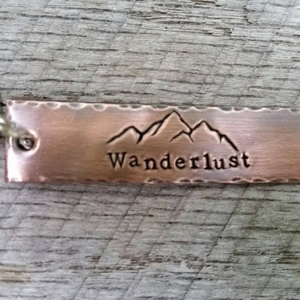 Wanderlust Keychain - Gift for Traveler - Copper Key Chain - The Mountains are Calling