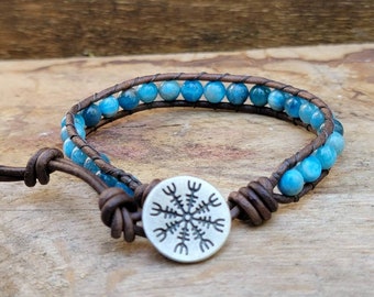 Apatite Leather Wrap Bracelet, Gemstone Leather Wrap Bracelet, Leather Cuff