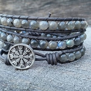 Labradorite Leather Wrap Bracelet - Beaded Boho Wrap Bracelet - Viking Bracelet - Earthy Boho Wrap Bracelet