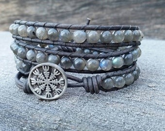 Labradorite Leather Wrap Bracelet - Beaded Boho Wrap Bracelet - Viking Bracelet - Earthy Boho Wrap Bracelet