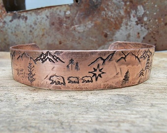 Copper Bracelet, Gift for Men, Copper Cuff Bracelet, Outdoorsman Gift, Mountains, Trees, Hiking, Mens Rustic Copper Cuff, Wilderness Cuff