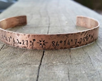 Custom Coordinate Bracelet - Latitude Longitude Bracelet - Coordinate Cuff Bracelet - Personalized Rustic Copper Cuff