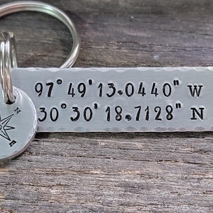 Custom Coordinates Keychain – Hand Stamped Aluminum GPS Keychain – Anniversary Gift