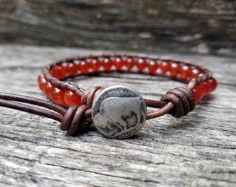 Carnelian Bracelet - Carnelian Leather Wrap - Beaded Leather Wrap