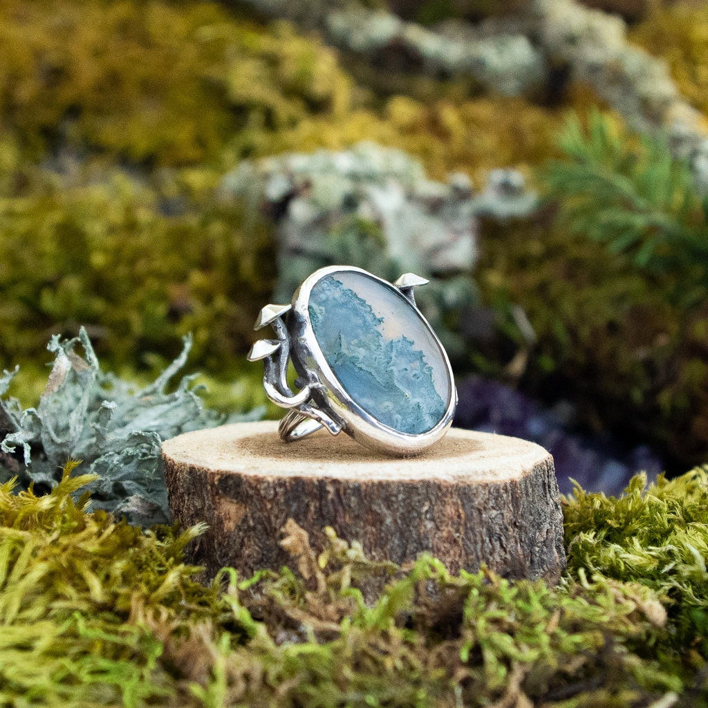 Nestled Mushroom Ring | Moss Agate and Sterling Silver | Size 6.25