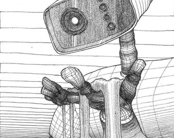 May include: A black and white line drawing of a robot with an antenna on its head. The robot has a large, rectangular head with a circular eye and a series of small circles on its face. The robot's body is made up of a series of lines and curves, and it has two arms that are bent at the elbows.