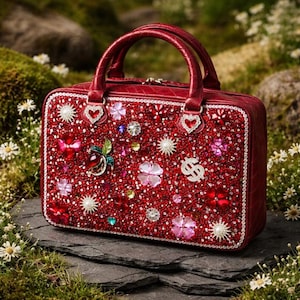 May include: A red handbag with a rectangular shape, adorned with sparkling embellishments. The bag features a top handle and is decorated with various gems, flowers, and a dollar sign. The bag is sitting on a dark gray surface.