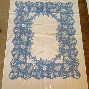 Vintage Blue and White Floral Tablecloth Thick Cotton Material image 1