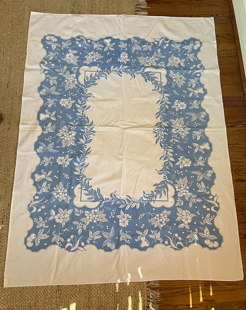 Vintage Blue and White Floral Tablecloth Thick Cotton Material image 1