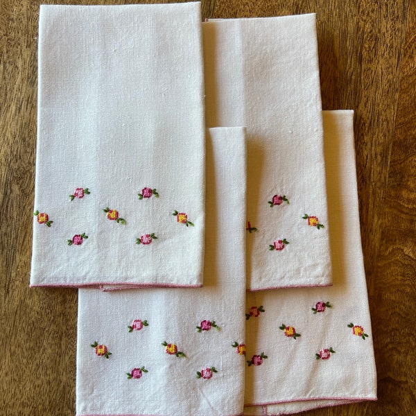 Vintage Hand Embroidered Rose Peony Dainty Linen Napkins or Tea Towels Set of 4 - pink yellow white