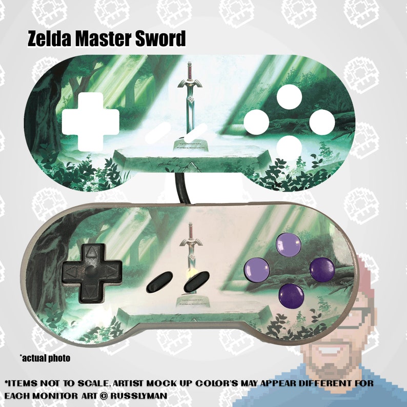 May include: A video game controller featuring the Zelda Master Sword design. The controller has a forest scene background with a white directional pad, buttons, and a black cable. The text "Zelda Master Sword" is at the top.