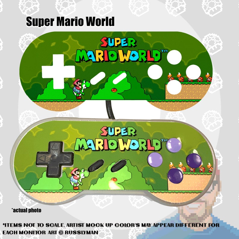 May include: Two Super Mario World game controllers. The top controller has a white plus sign and white buttons. The bottom controller has a black plus sign and purple buttons. The text "Super Mario World" is displayed on both controllers.