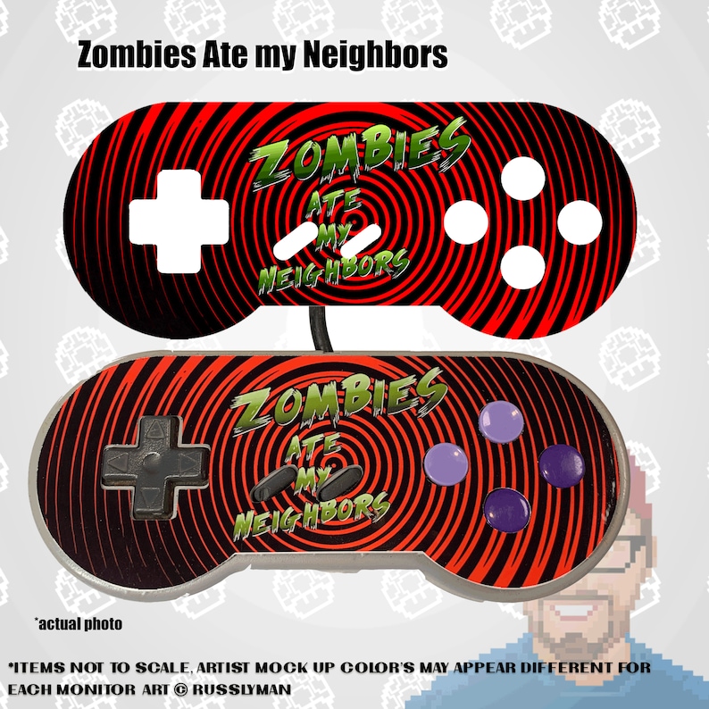 May include: Two video game controllers with a red and black spiral design. The text "Zombies Ate my Neighbors" is displayed in green and white. One controller has white buttons, the other has purple buttons.