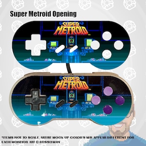 May include: Two game controllers with a Super Metroid design. The top controller has white buttons and a white cross-shaped directional pad. The bottom controller has black directional pad and purple buttons. The text "Super Metroid Opening" is at the top.