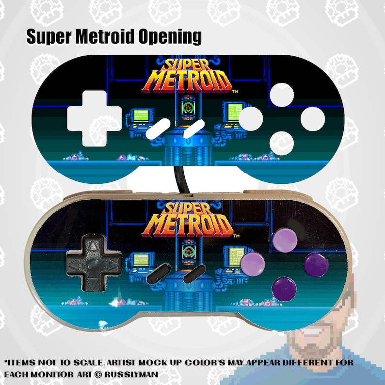 May include: Two game controllers with a Super Metroid design. The top controller has white buttons and a white cross-shaped directional pad. The bottom controller has black directional pad and purple buttons. The text "Super Metroid Opening" is at the top.