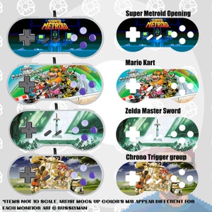 May include: A collection of video game controllers featuring iconic game art. Designs include "Super Metroid Opening," "Mario Kart," "Zelda Master Sword," and "Chrono Trigger group." Each controller has a D-pad, buttons, and a unique game-themed graphic.