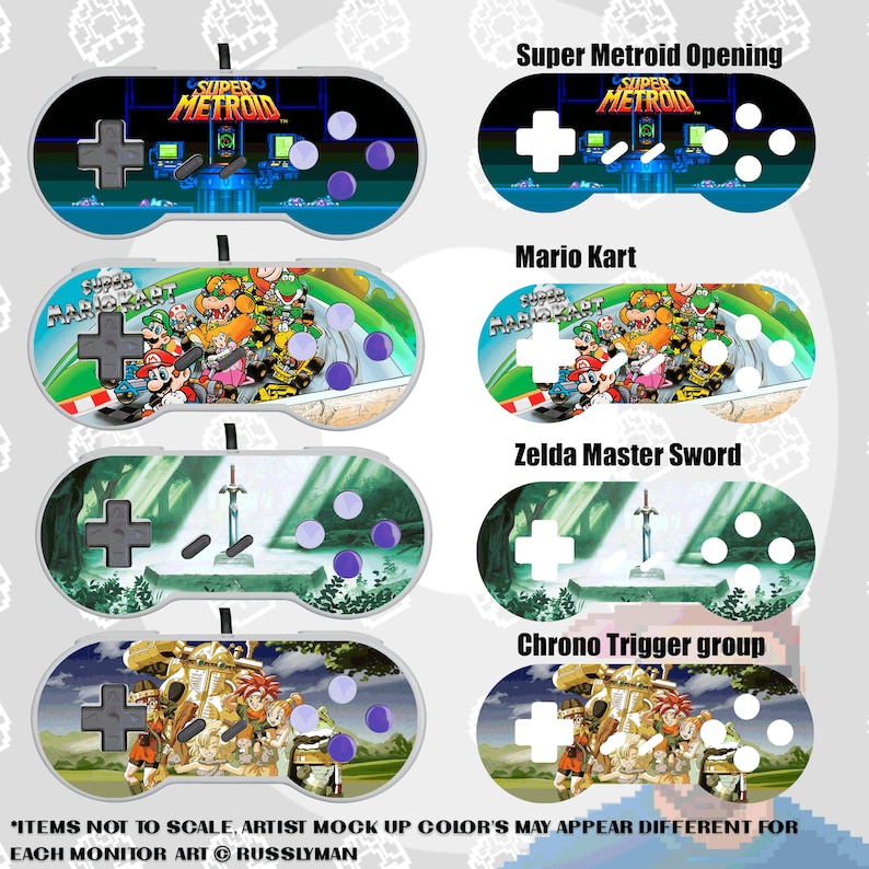 May include: A collection of video game controllers featuring iconic game art. Designs include "Super Metroid Opening," "Mario Kart," "Zelda Master Sword," and "Chrono Trigger group." Each controller has a D-pad, buttons, and a unique game-themed graphic.