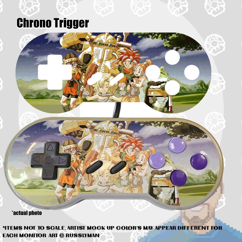 May include: A custom-designed video game controller featuring artwork from the game "Chrono Trigger." The controller has a colorful design with characters and scenes from the game. The text "Chrono Trigger" is at the top.
