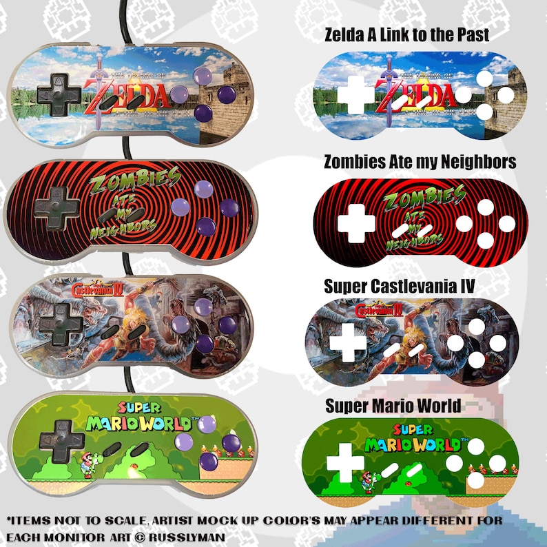 May include: A collection of four Super Nintendo controllers, each featuring unique game-themed artwork. Designs include "Zelda A Link to the Past," "Zombies Ate my Neighbors," "Super Castlevania IV," and "Super Mario World." Each controller has a black directional pad and colored buttons.
