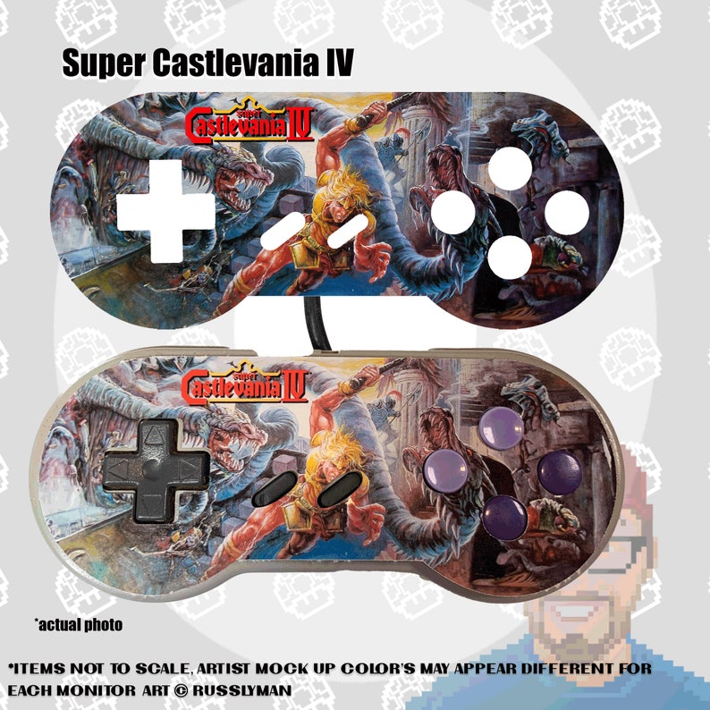 May include: Two game controllers with the Super Castlevania IV artwork. The top controller has a white directional pad and buttons, while the bottom controller has a black directional pad and purple buttons. The controllers are connected by a black cable.