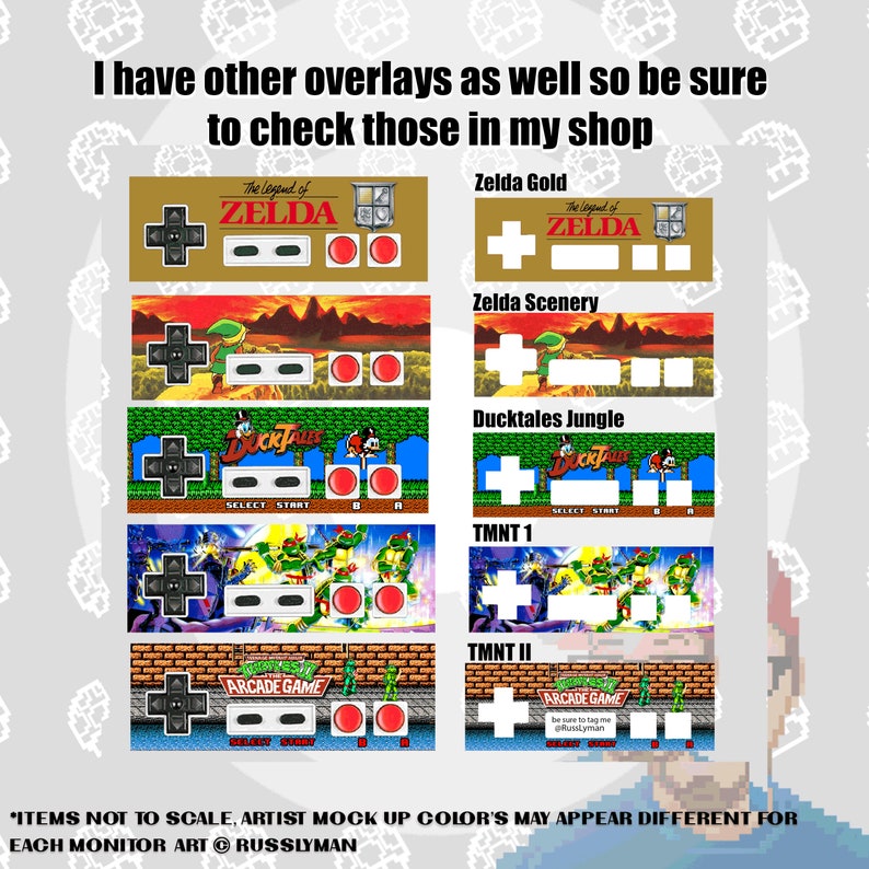 May include: An image showcasing various video game console overlays, including designs for Zelda, Ducktales, and Teenage Mutant Ninja Turtles. The overlays feature game art and controller button layouts. Text at the top reads, "I have other overlays as well so be sure to check those in my shop."