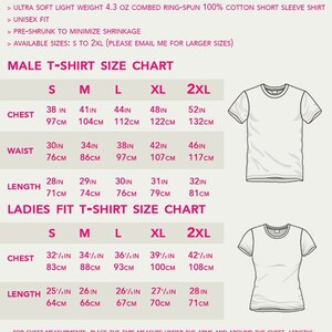 May include: A size chart for unisex t-shirts, with measurements in inches and centimeters. The chart includes chest, waist, and length measurements for sizes S to 2XL. The image also shows a white t-shirt.
