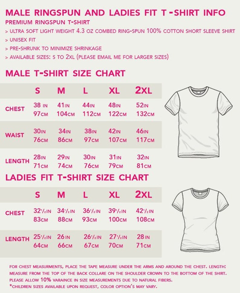 May include: A size chart for unisex t-shirts, with measurements in inches and centimeters. The chart includes chest, waist, and length measurements for sizes S to 2XL. The image also shows a white t-shirt.