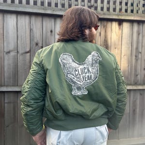Sage Green Bomber Jacket with Cluck Yeah Chicken Print Patch (Size L)