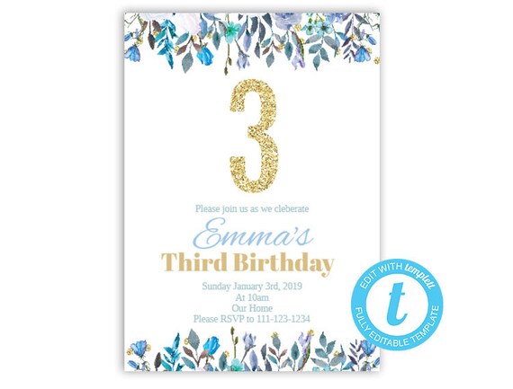 third birthday invitation floral birthday invite glitter etsy