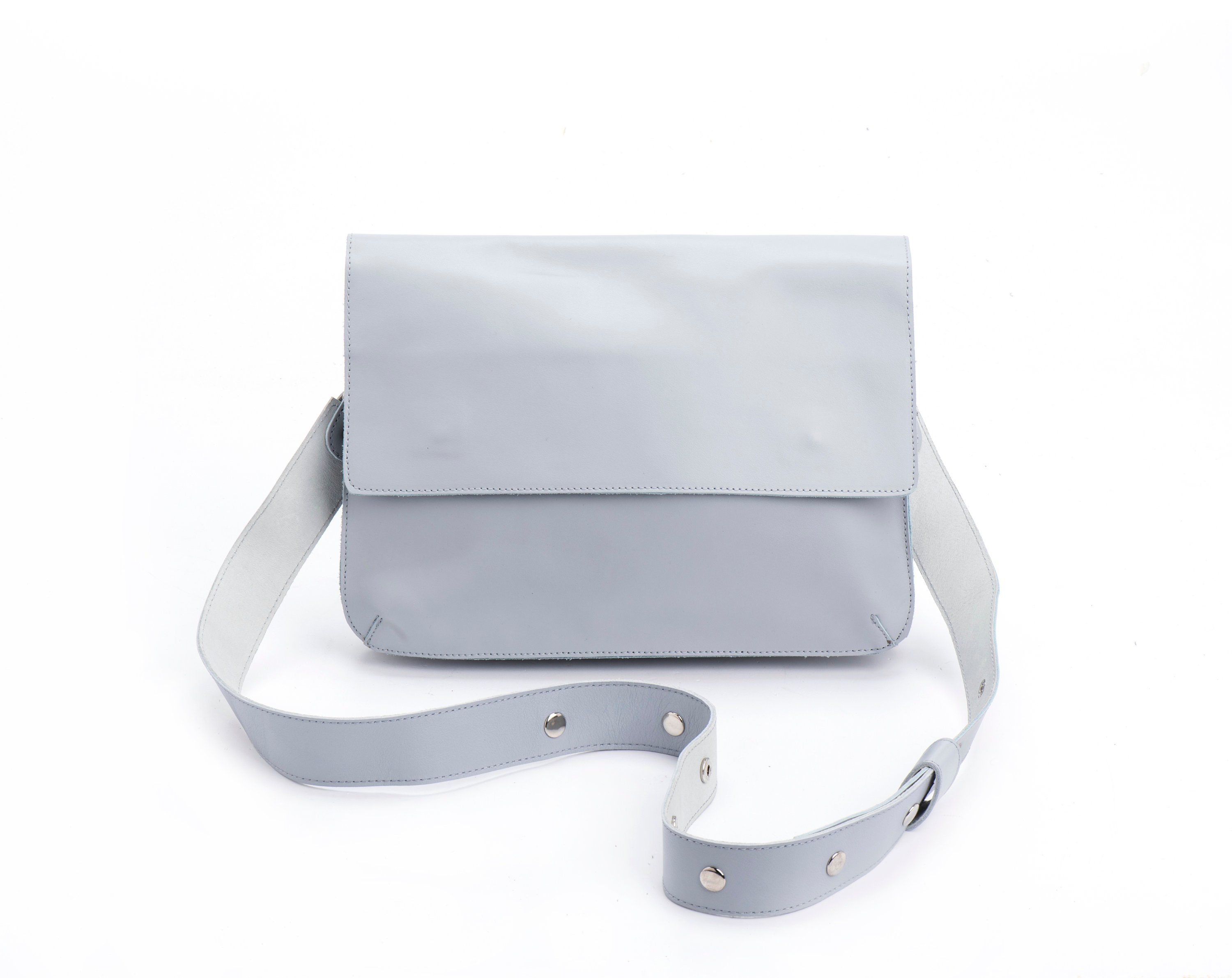 light blue leather handbag