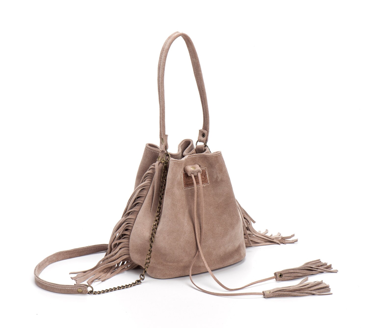 Leather Bucket bag Mini Drawstring bag fringe bucket bag Etsy
