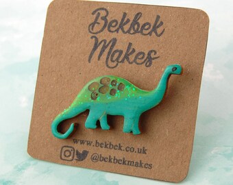 Rainbow glitter roarsome diplodocus dinosaur mini Dino pin badge brooch