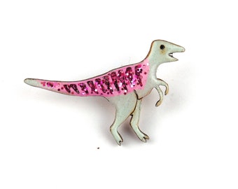 Velociraptor Dinosaur Pin Badge Pastel Green and Pink