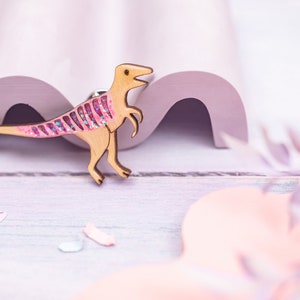 Velociraptor Pink & Orange Dinosaur Pin Badge/ Jurassic Dino Brooch/ Glittery Raptor (Triceratops, Diplodocus, Stegosaurus, TRex)