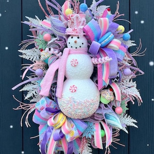 Candyland Christmas Decor, Pink Snowman Pastel Christmas Wreath, Handmade Pink and Purple Winter Door Decor, Holiday Front Door Decoration