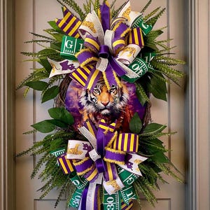 Lsu inspired wreath, Purple and Gold Wreath, Fall Football Sports Decor, Football Wreath, Louisiana Wreath, Lsu All Season Oval door decor