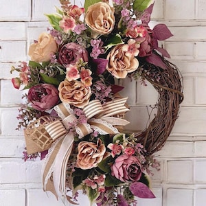 Plum Blush Ivory Peony Fall Wreath for Front Door, Rustic Grapevine Wreath with Roses, Everyday wreath,  Autumn Door Decor, Farmhouse Wreath