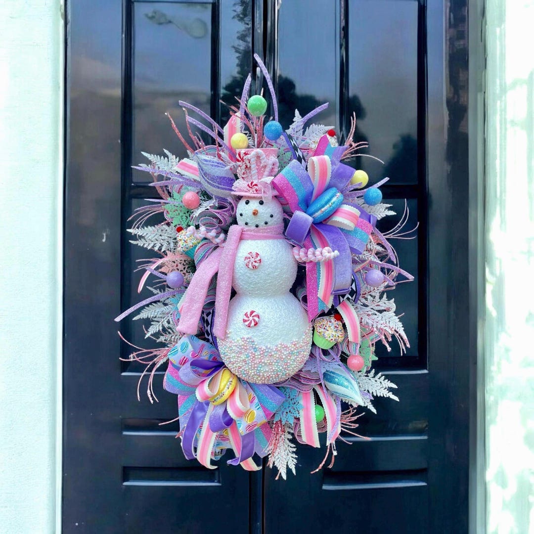 Candyland Christmas Decor, Pink Snowman Pastel Christmas Wreath ...