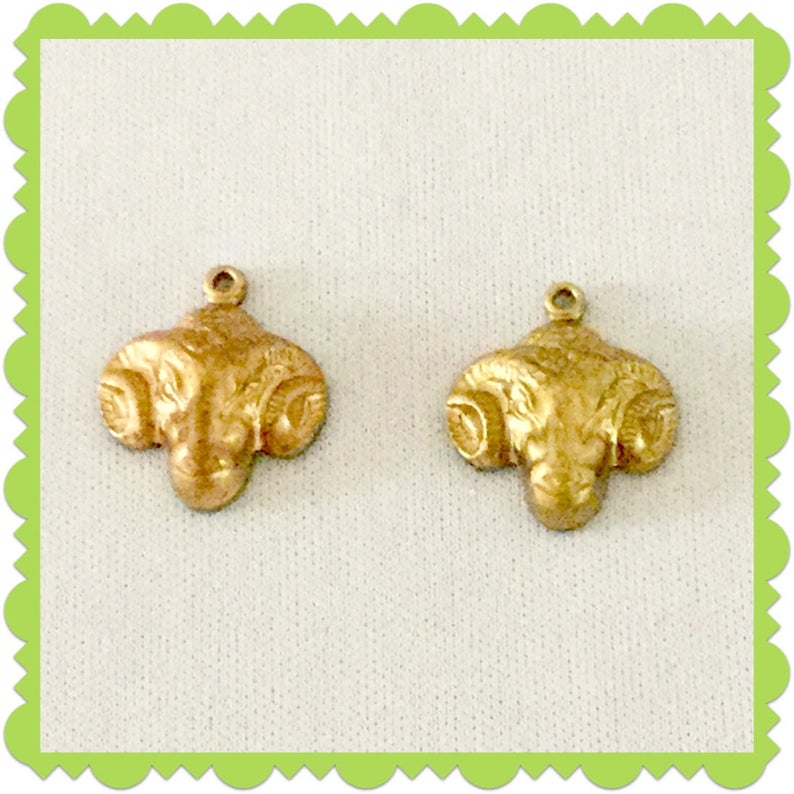 Brass Rams Head Set of 2 For Stained Glass Jewelry Boxes and Frames Sal 8242 Ram Steampunk With Ring for Hanging Raw Brass Filigree