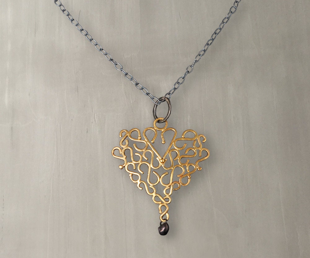 Filigree Heart Pendant Necklace 24K Gold Plated Bronze Black Etsy