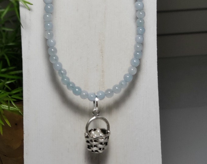 Gemstone Basket Charm  Necklace filled with Tiny Natural Pearls on a 4mm Bead Aquamarine Necklace with 5 Inches SS Link Chain, Length 18"