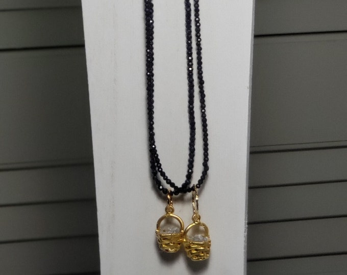 Gemstone Basket Charm  filled with Diamond Bits 0n Tiny Sapphire Bead Necklace with Gold Fill Double Rope Chain