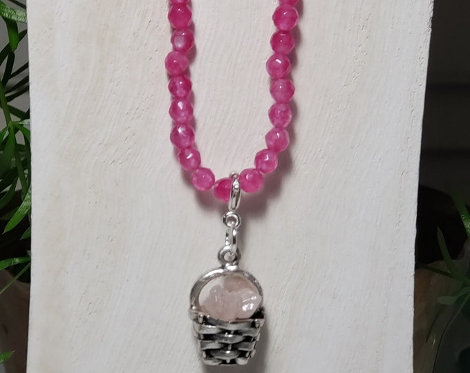 Gemstone Basket Charm  Necklace with Pink Quartz Chips on a Tiny Bead Rose Chrysoberyl Necklace Removable Charm Basket Plated Charm