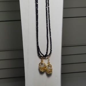Gemstone Basket Charm  filled with Diamond Bits 0n Tiny Sapphire Bead Necklace with Gold Fill Double Rope Chain