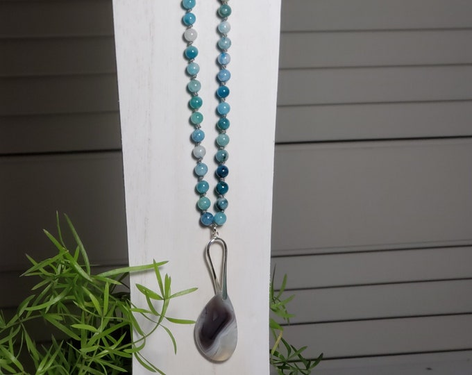 Blue Dragon Skin Agate 6mm Rd. Bead Necklace Hand Knotted Silk with Botswanna Natural Agate Pendant