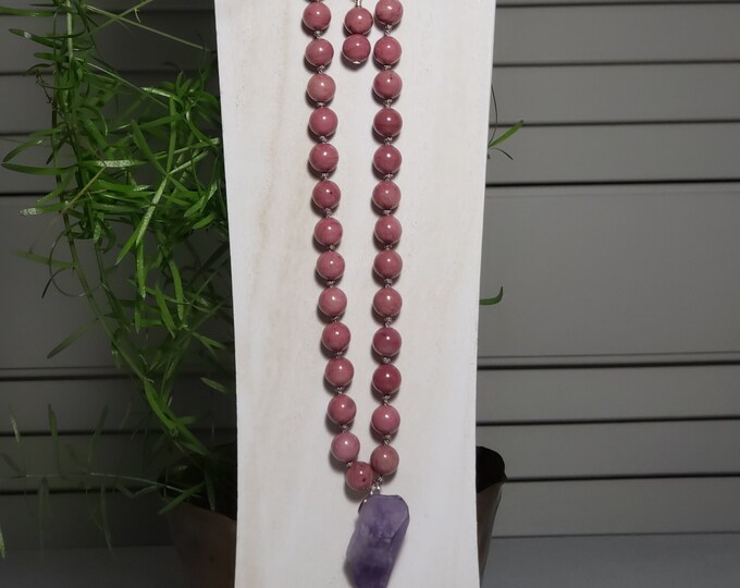 Hand Knotted Rhodolite Garnet 8mm Bead Necklace, with Raw Amethyst Pendant 15 Inches of Beads, 4 Inch Link SS 22" overall length SS Chainj