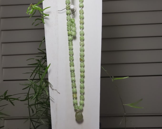 Flower Jade Celadon Green 6mm Hand Knotted Necklace with a 15 Ct. rough Genuine Green Demantoid Garnet Pendant