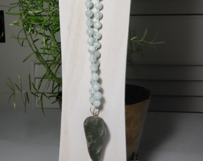 Blue Opal Natural 8mm Hand Knotted Bead Necklace with a Big Sur Jade 2 " Stone Pendant All metal Sterling Silver
