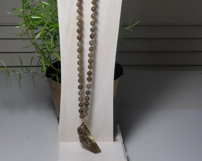 Hand Knotted Labradorite 6mm Bead Necklace with Rough Amethyst Pendant SS Chain